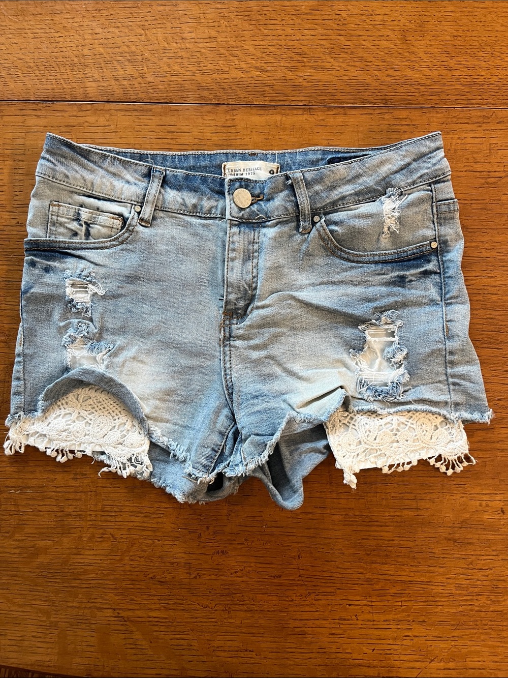 Urban Heritage Light Blue Distressed Denim Shorts with White Lace Trim